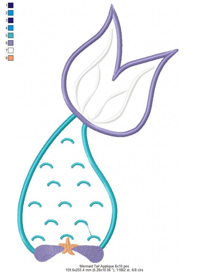 Puede incluir: Un dise&ntilde;o de bordado digital de un aplique de cola de sirena. El dise&ntilde;o presenta una cola turquesa con detalles de escamas curvas, un contorno de aleta p&uacute;rpura y un interior blanco. Una peque&ntilde;a estrella de mar naranja est&aacute; en la base. El texto "Mermaid Tail Applique 6x10.pes" est&aacute; en la parte inferior.