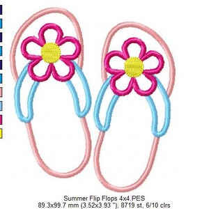 May include: A pair of pink and blue flip flops with a pink flower on each strap. The flower has a yellow center and six petals.