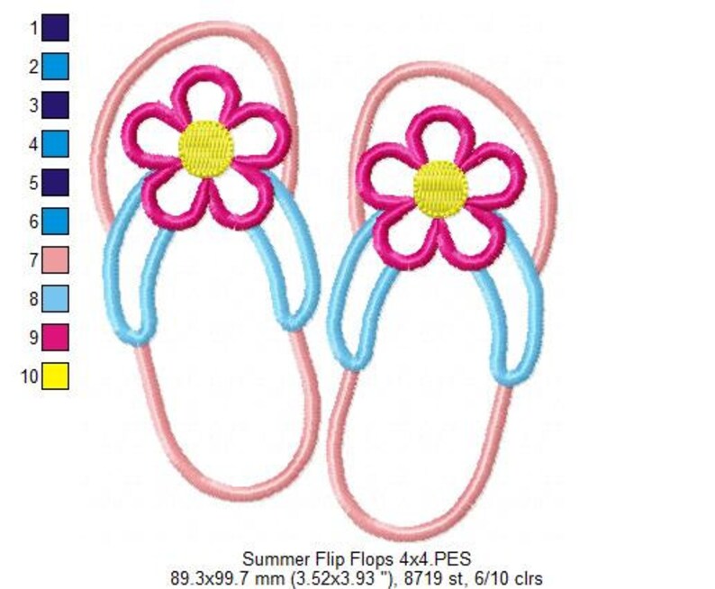 May include: A pair of pink and blue flip flops with a pink flower on each strap. The flower has a yellow center and six petals.