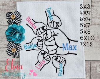 Family Hands Embroidery Design: Dad and 5 Kids Fill Stitch (Digital Download)
