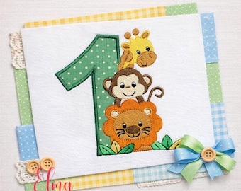 Safari Friends First Birthday Appliqué Embroidery Design: Number One Cute Animals (Digital Download)