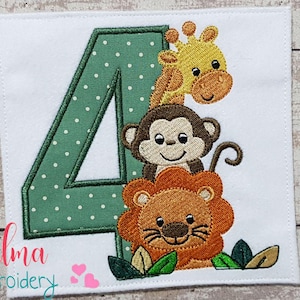 May include: Embroidered applique featuring a green number 4 with white polka dots, a giraffe, a monkey, and a lion. The animals are stacked on top of each other. The Elma Embroidery logo is in the bottom left corner.