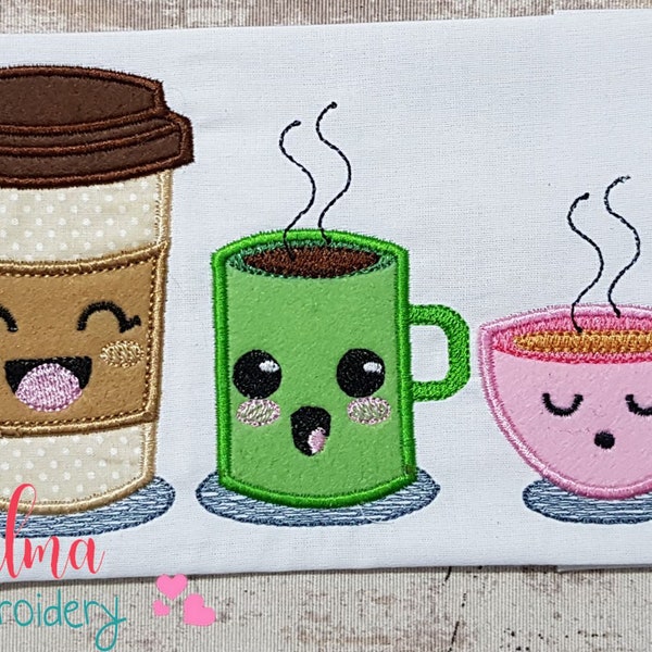 Happy Coffee, Hot Chocolate and Tea - Applique - Kitchen Embroidery - 5x7 58-x8 6x10 7x12 - Machine Embroidery Design - Dishcloth embroidery