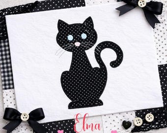 Disegno per ricamo con applicazione di gatto nero: decorazione animale (download digitale)