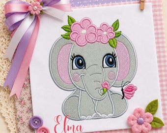 Floral Baby Elephant Applique Embroidery Design (Digital Download)