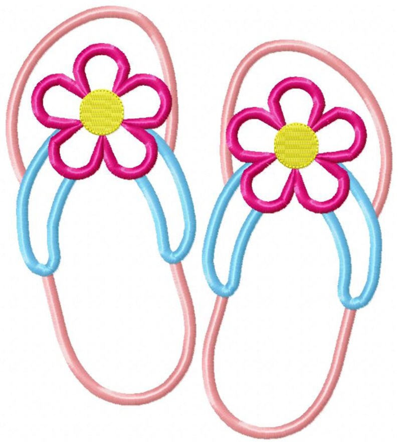 May include: A pair of pink flip flops with blue straps and a pink flower with a yellow center on each strap.