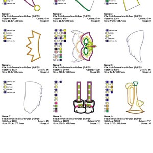 K&ouml;nnte beinhalten: Neun farbenfrohe Stickmuster f&uuml;r Mardi Gras, darunter eine Narrenkappe, eine Maske, ein Fl&uuml;gel, eine Krone, ein Paar Stiefel, eine Trompete und mehr. Jedes Design ist mit seinem Namen, Dateityp, Stichzahl, Farbzahl und Gr&ouml;&szlig;e in Millimetern gekennzeichnet.