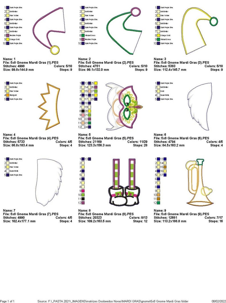 K&ouml;nnte beinhalten: Neun farbenfrohe Stickmuster f&uuml;r Mardi Gras, darunter eine Narrenkappe, eine Maske, ein Fl&uuml;gel, eine Krone, ein Paar Stiefel, eine Trompete und mehr. Jedes Design ist mit seinem Namen, Dateityp, Stichzahl, Farbzahl und Gr&ouml;&szlig;e in Millimetern gekennzeichnet.