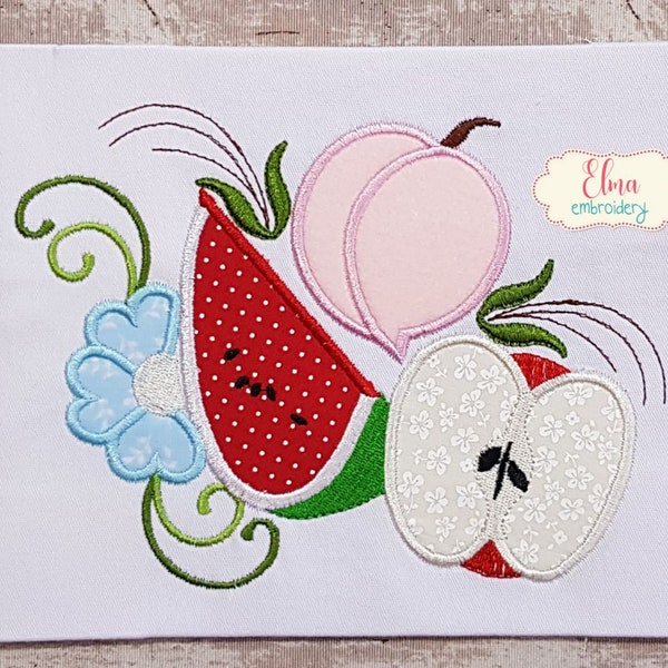 Peach, Apple and Watermelon - Applique - Kitchen Embroidery - 4x4 5x4 5x7 5x8 6x10 7x12 - Machine Embroidery Design - Fruit embroidery