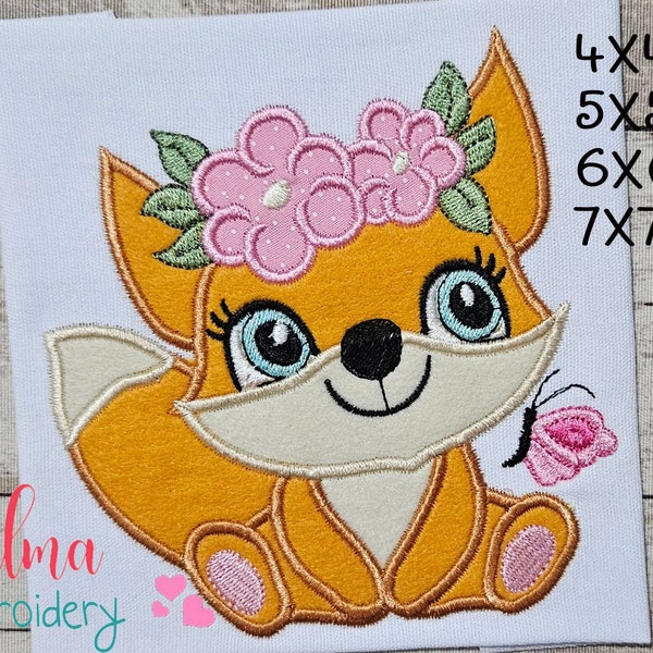 Fox Girl with Flowers - Applique - 4x4 5x5 6x6 7x7 - Animal Embroidery - Machine Embroidery Design - Fox Girl Embroidery - Fox Girl Applique