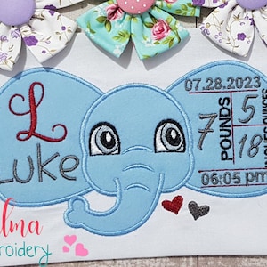 Modello di annuncio di nascita dell'elefante del neonato - Applique - 5x7 5x8 6x10 7x12 macchina ricamo Design ricamo neonato ricamo neonato
