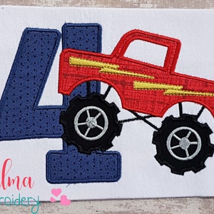 Monster Truck Aniversário Número Quatro 4º Aniversário - Apliques - 4x4 5x4 5x7 5x8 6x10 7x12 - Design de bordado à máquina - Bordado de aniversário