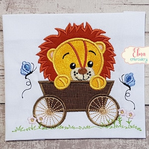 Lion Boy in the Wagon - Machine Embroidery Design - Applique Embroidery - Animal Embroidery Design - 4x4 5x5 6x6 7x7 - Safari Embroidery