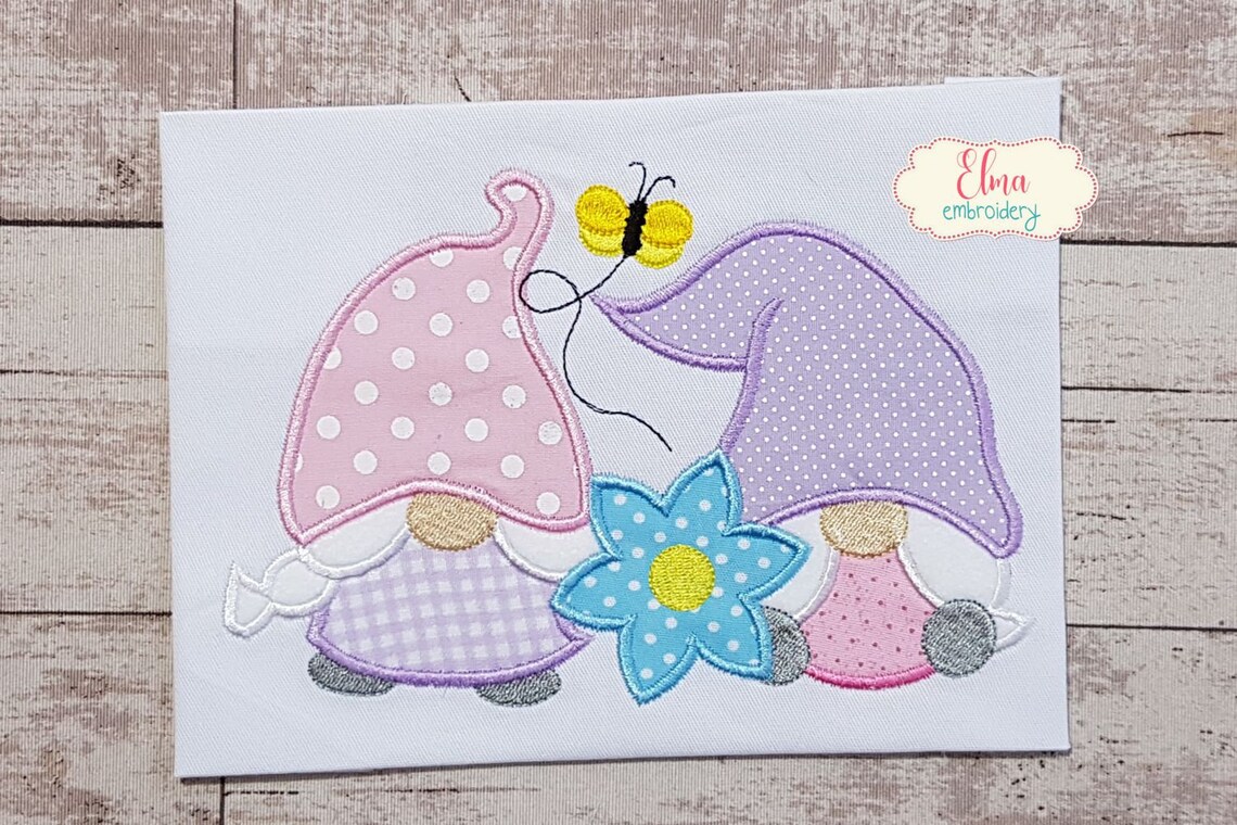 Two spring gnomes applique embroidery 4x4 5x4 5x7 5x8 6x10  etsy