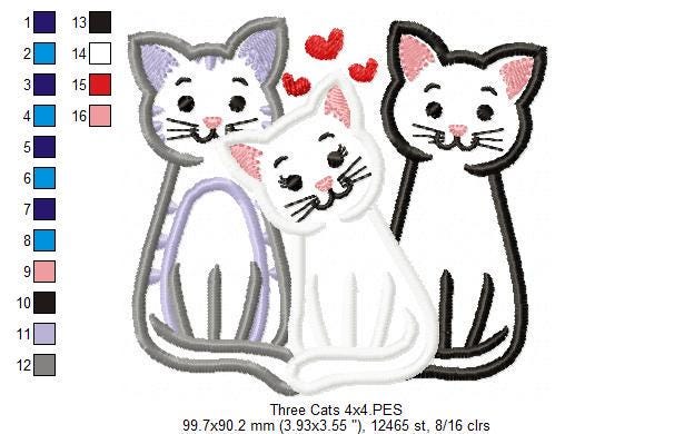Three Cats Applique Embroidery Design: Sweet Feline Trio (digital ...
