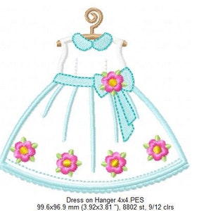 May include: A white dress with a blue sash and pink flowers on a hanger. The dress is 3.92 inches by 3.81 inches and has 8802 stitches.