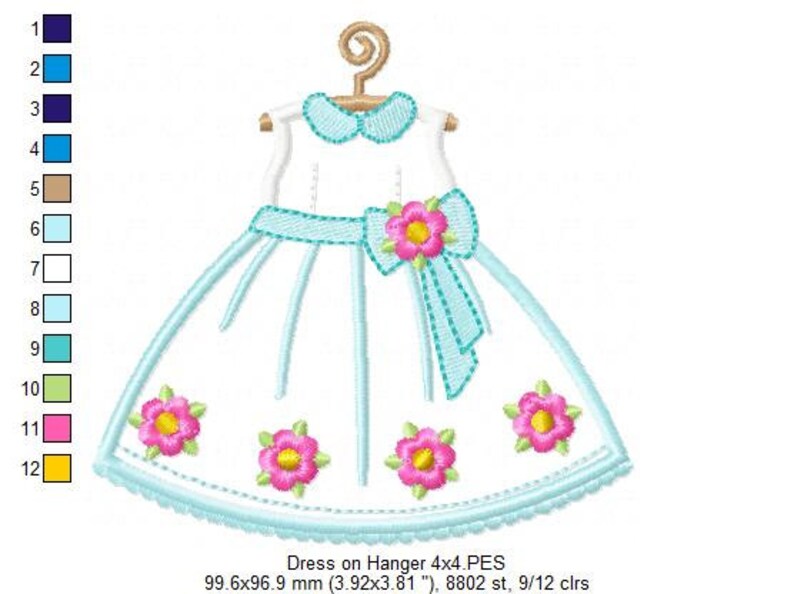May include: A white dress with a blue sash and pink flowers on a hanger. The dress is 3.92 inches by 3.81 inches and has 8802 stitches.