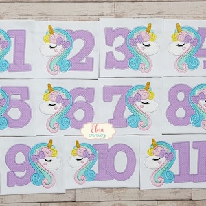 ユニコーンの数字 1-11 誕生日セット 数字 1-11 - アップリケ - 4x4 5x5 6x6 7x7 - 機械刺繍デザイン - 誕生日ユニコーン刺繍