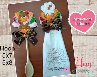 Thanksgiving Turkey Spoon & Dishcloth Holder Embroidery Applique (5x7 5x8) (Instructions Included)