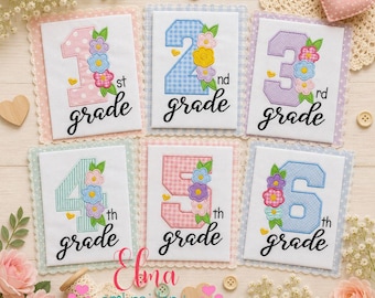 Floral School Grade Embroidery Design Bundle First Through Sixth Applique Back School (Digital Download)
