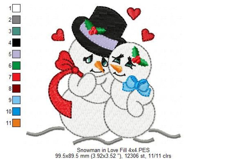 Pu&ograve; includere: Disegno ricamato di due pupazzi di neve innamorati, uno con un cappello a cilindro nero e una sciarpa rossa, l'altro con un fiocco blu. I pupazzi di neve sono circondati da cuori rossi. Il disegno misura 99,5 mm per 89,5 mm e ha 12 306 punti.