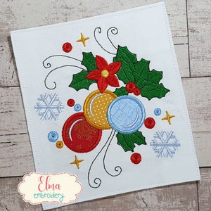 Kerstbollen en poinsettiabloem - stoffen - 4 x 4 5 x 5 6 x 6 7 x 7 - kerstborduurwerk - machineborduurontwerpen