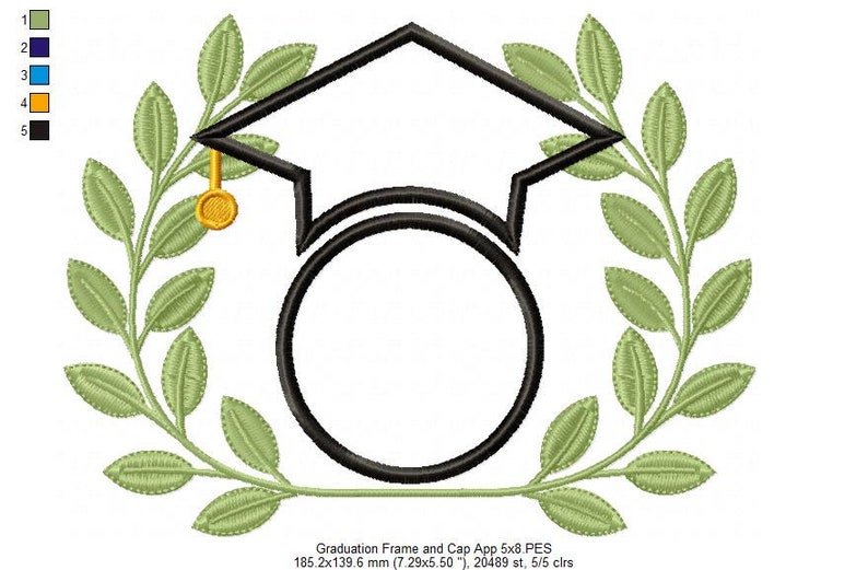 May include: Black and white graduation cap and diploma frame with a green laurel wreath. The frame is 7.29 inches by 5.50 inches.