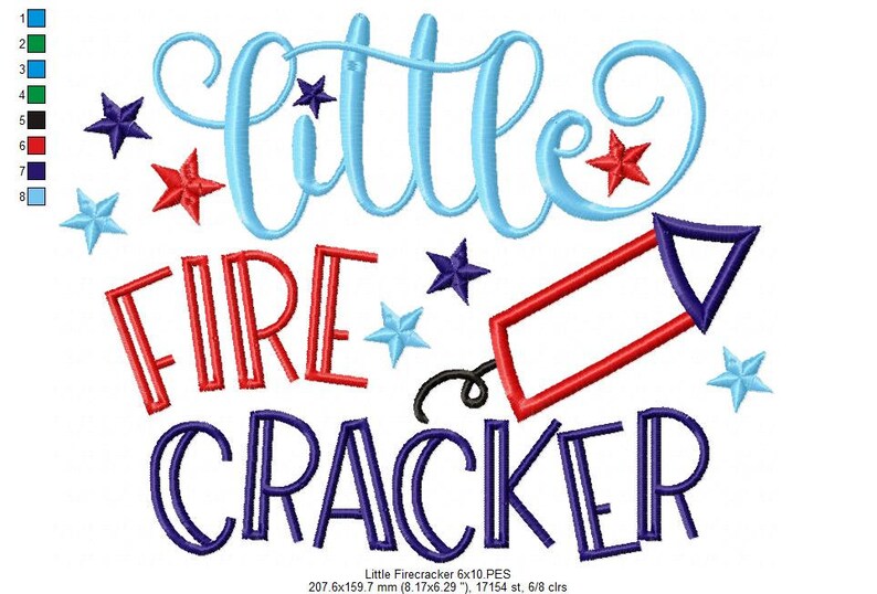May include: An embroidery design featuring the text "little FIRE CRACKER" in light blue, red, and dark blue. The design includes a red and dark blue firecracker icon and several stars in red, dark blue, and light blue. A color chart is on the left.