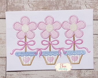 Spring Flowers Vase Trio: Applique Embroidery Design (Digital Download)