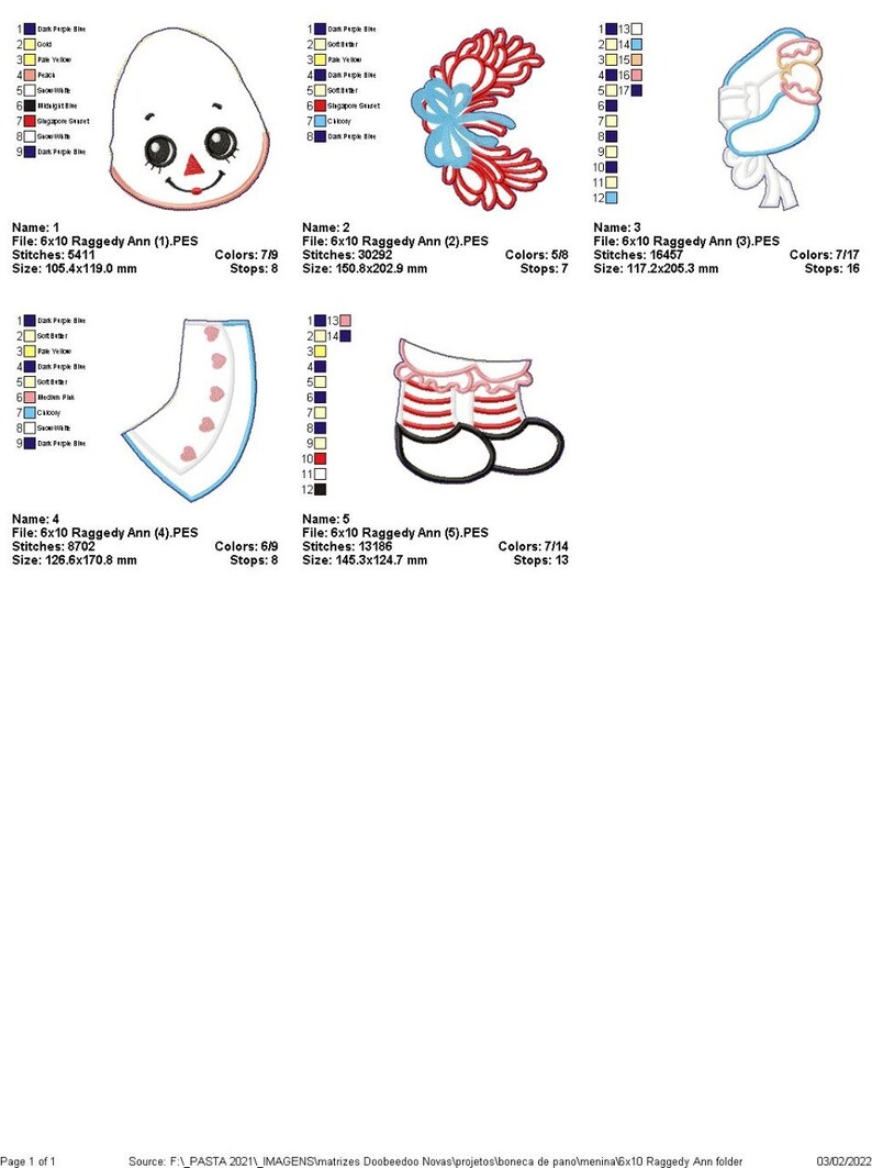 May include: A collection of machine embroidery designs featuring Raggedy Ann-inspired elements. Designs include a face, a decorative bow, a bonnet, a diaper with hearts, and striped shoes. The designs are in various colors and sizes.