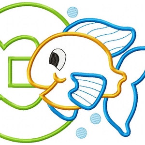 May include: A green number three with a yellow and blue fish swimming next to it. The fish has a big eye and a smile. There are three blue bubbles around the fish.