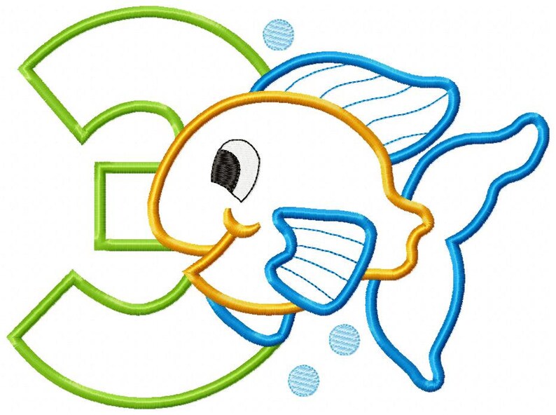 May include: A green number three with a yellow and blue fish swimming next to it. The fish has a big eye and a smile. There are three blue bubbles around the fish.