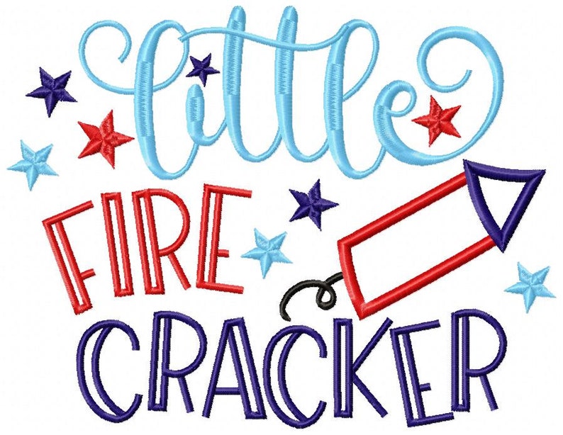 May include: An embroidery design featuring the text "little" in light blue script, "FIRE" in red block letters, and "CRACKER" in dark blue block letters. A red and dark blue firecracker icon and several small stars in red, blue, and dark blue.