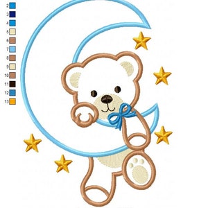 Bear Boy on the Moon Machine Embroidery Design Applique Animal Embroidery 4x4 5x4 5x7 5x8 6x10 7x12 Teddy Bear Embroidery image 5