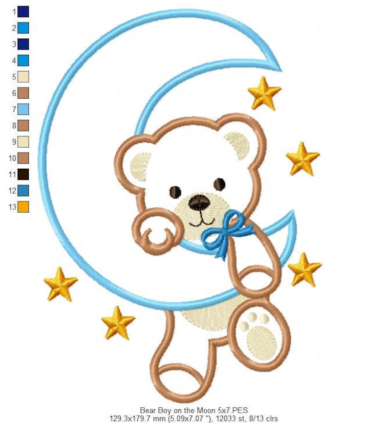 Bear Boy on the Moon Machine Embroidery Design Applique Animal Embroidery 4x4 5x4 5x7 5x8 6x10 7x12 Teddy Bear Embroidery image 5