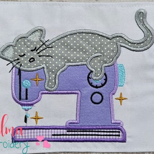 Cat Sleeping on Sewing Machine Applique - Machine Embroidery Design (4x4 5x5 6x6 7x7)
