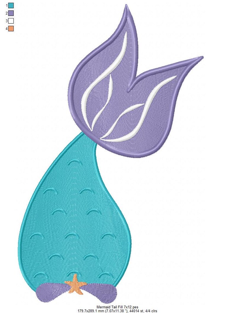 Puede incluir: Dise&ntilde;o de cola de sirena bordada en tonos turquesa, lavanda y blanco. La cola tiene forma de l&aacute;grima con un patr&oacute;n texturizado, y la aleta es de dise&ntilde;o dividido. Una peque&ntilde;a estrella de mar naranja est&aacute; en la base. El texto "Mermaid Tail Fill 7x12 pes" est&aacute; en la parte inferior.