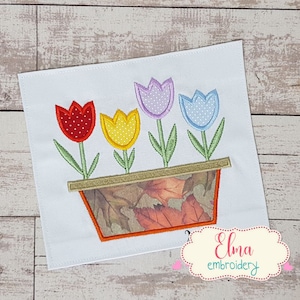 Vaso de tulipas - Design de bordado de apliques - 5x7 6x10 7x12 - Design de bordado à máquina - Bordado de flores - Bordado de apliques de tulipa