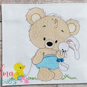 Bebê urso de pelúcia menino e coelho - Design de bordado à máquina - Ponto de preenchimento - Bordado de animais - 4x4 5x4 5x5 7x7 - Bordado de bebê menino