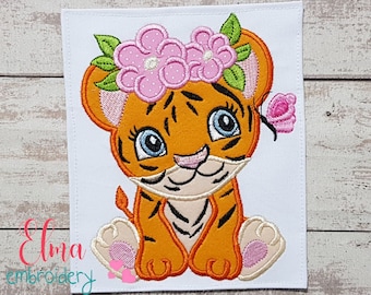 Tiger Girl with Flowers - Applique - 4x4 5x4 5x7 5x8 6x10 7x12 - Animal Embroidery - Machine Embroidery Design - Tiger Embroidery