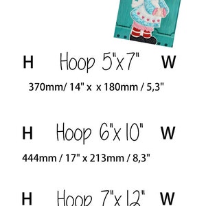 May include: An embroidered doll with red yarn hair, a blue dress, and a pink heart-shaped design. The image includes size options for hoops: 5"x7", 6"x10", and 7"x12", with corresponding metric measurements.