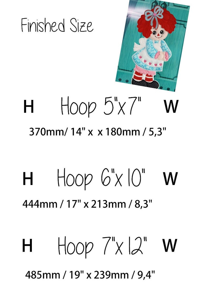 May include: An embroidered doll with red yarn hair, a blue dress, and a pink heart-shaped design. The image includes size options for hoops: 5"x7", 6"x10", and 7"x12", with corresponding metric measurements.