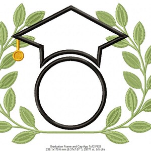 May include: A black graduation cap with a gold tassel, surrounded by a green laurel wreath. The cap has a circle in the center for adding a name or initials.