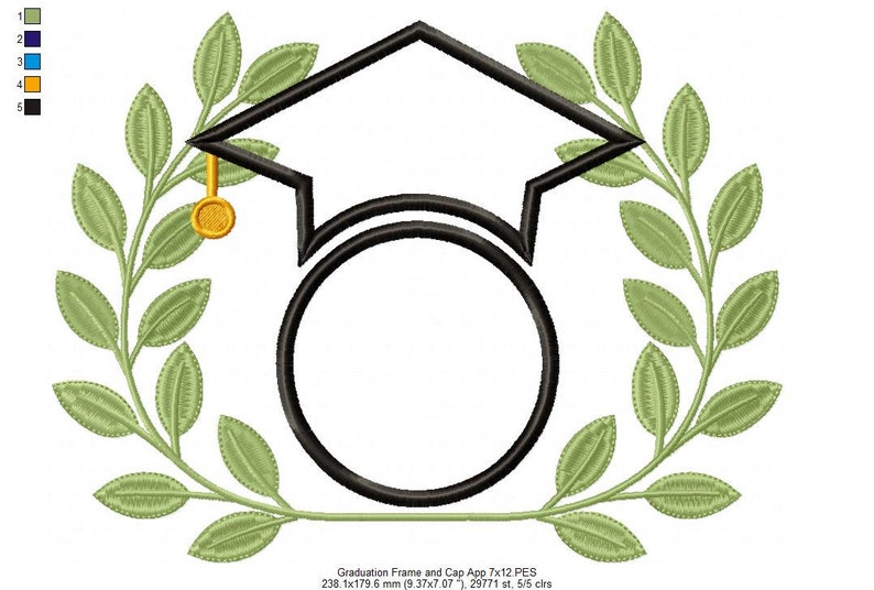 May include: A black graduation cap with a gold tassel, surrounded by a green laurel wreath. The cap has a circle in the center for adding a name or initials.