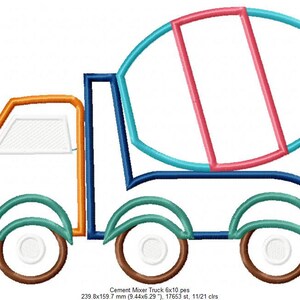 Puede incluir: Un cami&oacute;n mezclador de cemento de dibujos animados colorido con un dise&ntilde;o azul, verde, naranja y rosa. El cami&oacute;n tiene una cabina blanca y tres ruedas marrones.