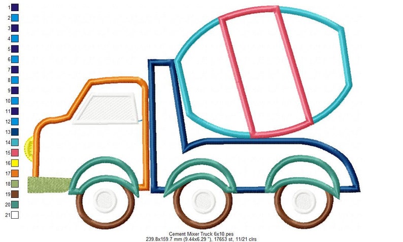 Puede incluir: Un cami&oacute;n mezclador de cemento de dibujos animados colorido con un dise&ntilde;o azul, verde, naranja y rosa. El cami&oacute;n tiene una cabina blanca y tres ruedas marrones.