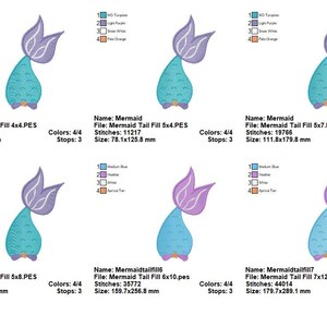 Puede incluir: Una colecci&oacute;n de dise&ntilde;os de bordado de cola de sirena en varios tama&ntilde;os. Cada dise&ntilde;o presenta una cola turquesa con una aleta morada. Los dise&ntilde;os est&aacute;n etiquetados con informaci&oacute;n sobre el tama&ntilde;o y el recuento de puntadas.