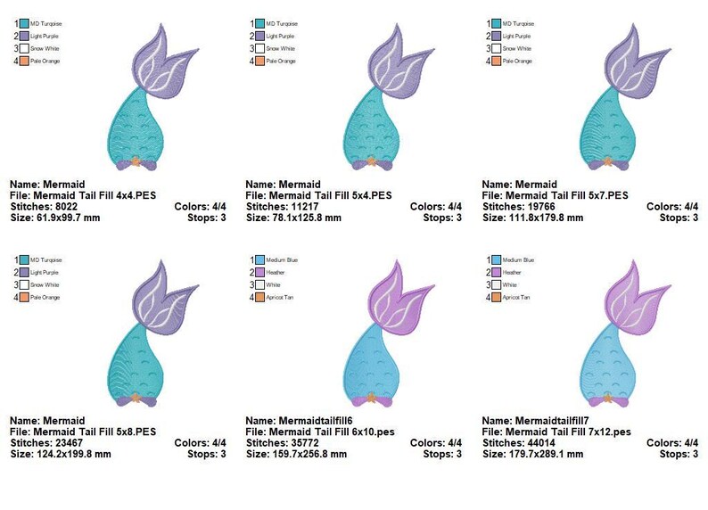 Puede incluir: Una colecci&oacute;n de dise&ntilde;os de bordado de cola de sirena en varios tama&ntilde;os. Cada dise&ntilde;o presenta una cola turquesa con una aleta morada. Los dise&ntilde;os est&aacute;n etiquetados con informaci&oacute;n sobre el tama&ntilde;o y el recuento de puntadas.