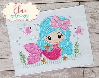 Mermaid with Bow -  Applique Embroidery Design - 4x4 5x4 5x7 5x8 6x10 7x12 - Machine Embroidery Design - Mermaid Embroidery - Sea Embroidery