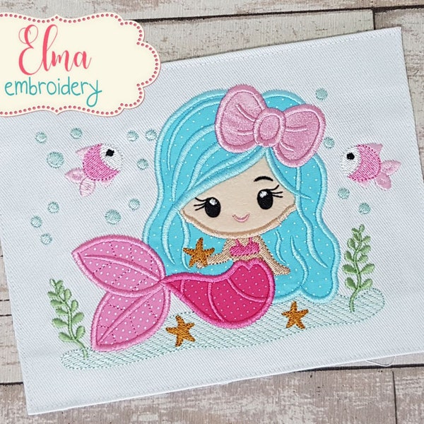 Mermaid with Bow -  Applique Embroidery Design - 4x4 5x4 5x7 5x8 6x10 7x12 - Machine Embroidery Design - Mermaid Embroidery - Sea Embroidery